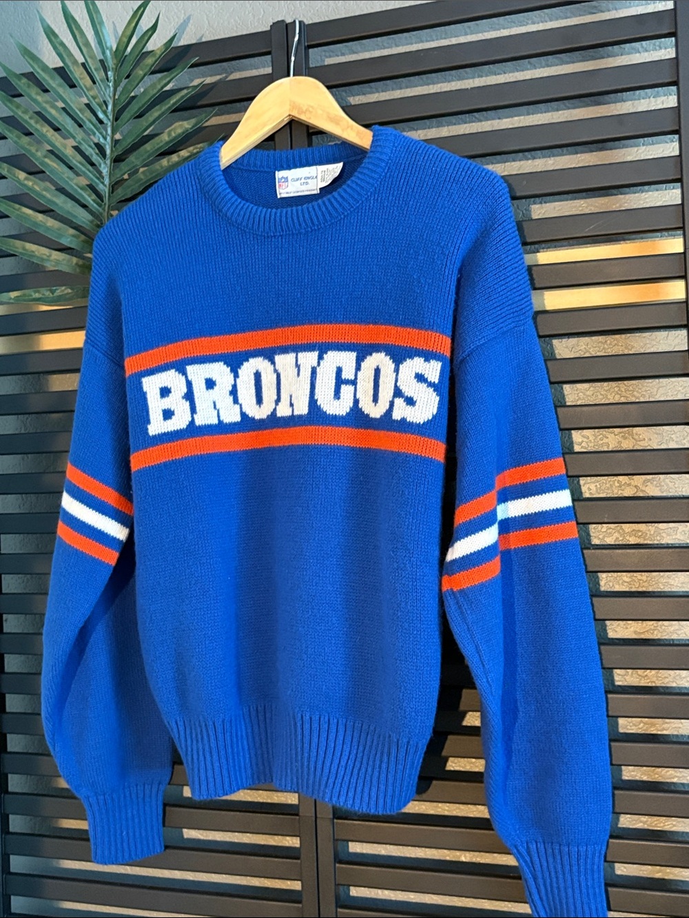 80’s Cliff Engle Broncos Blue Crewneck Knit Sweater with Orange & White Stripes